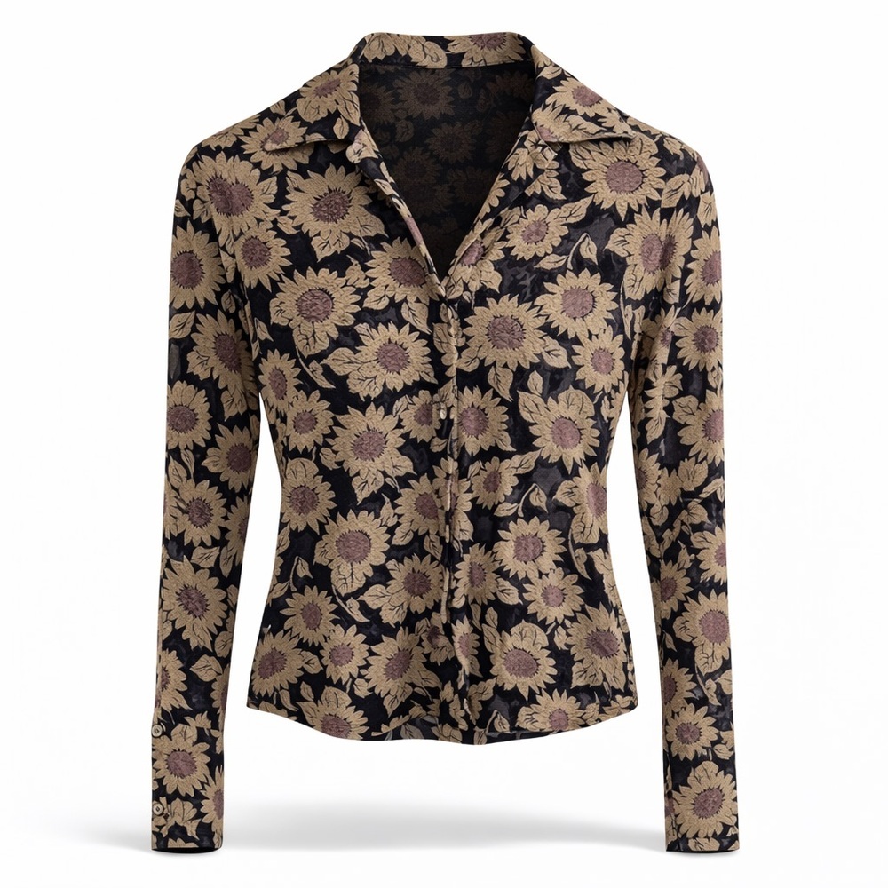 ONLY City-Line Women’s Black Sunflower Print Sheer Mesh Long Sleeve Blouse 34 XS